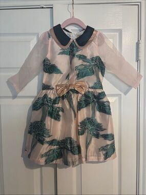 Girls' Pink Floral Dress with Green Embroidery and Gold Bow